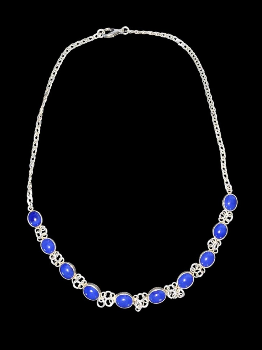 Stunning Vintage Cobalt Blue Agate Cabochon Sterling Silver Statement Necklace